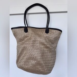 Woven Straw Tote Bag with Brown Leather Trim